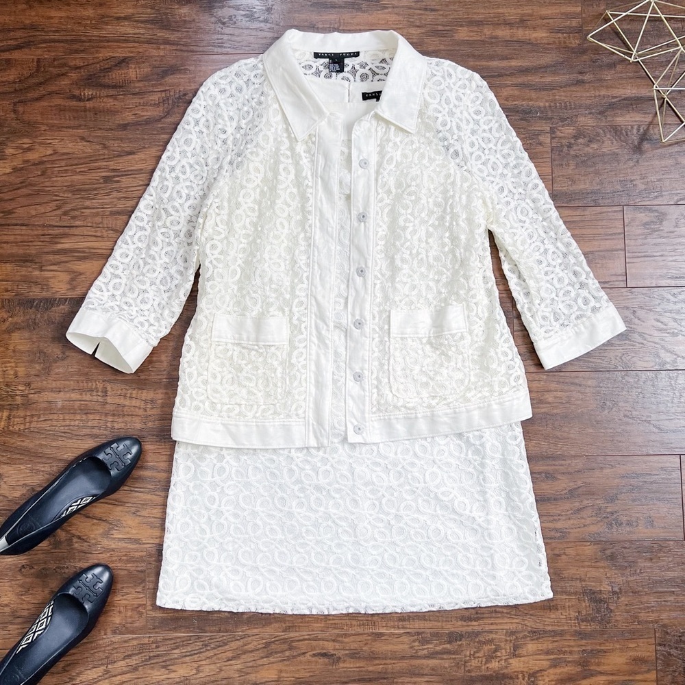 Yansi Fugel • lace dress & jacket set sleeveless shift snap front cotton cream